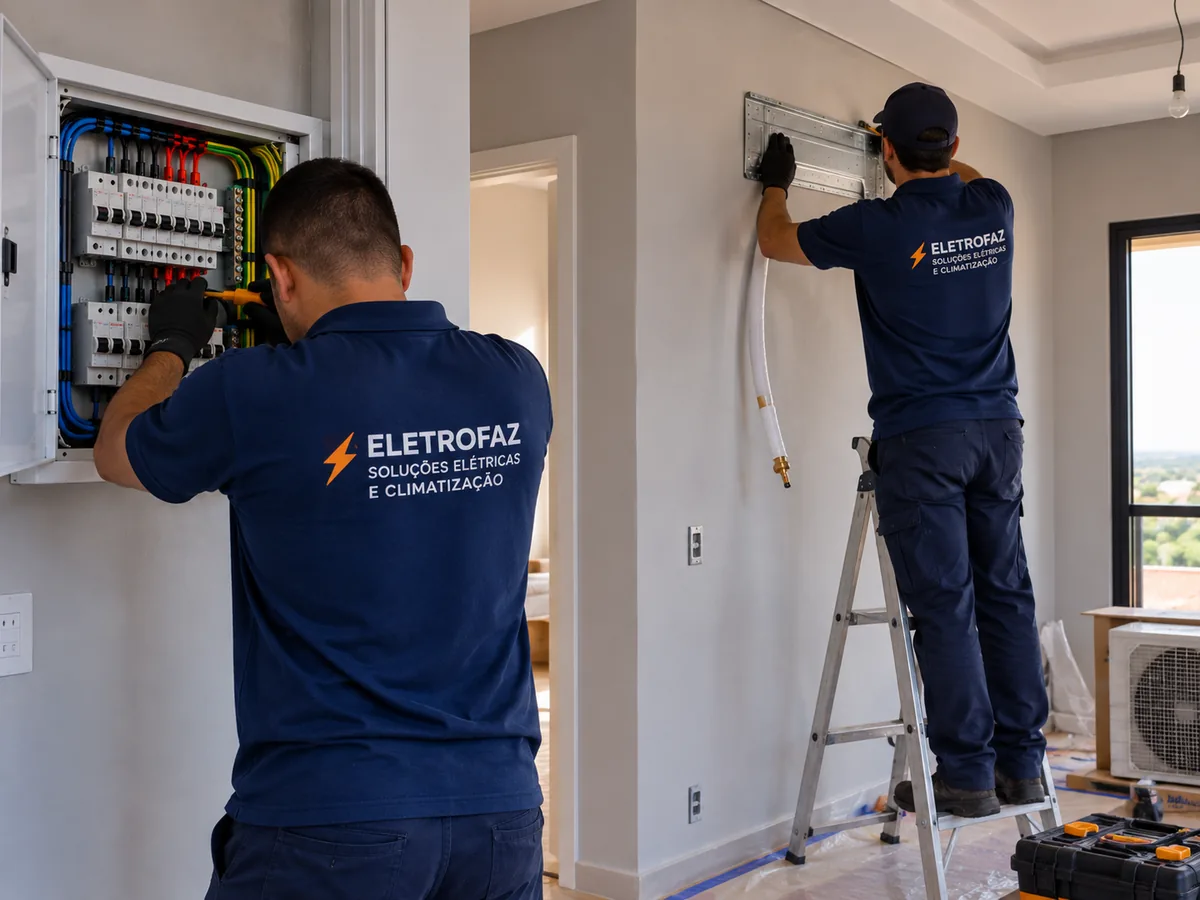 Equipe Eletrofaz executando instalação elétrica e de climatização